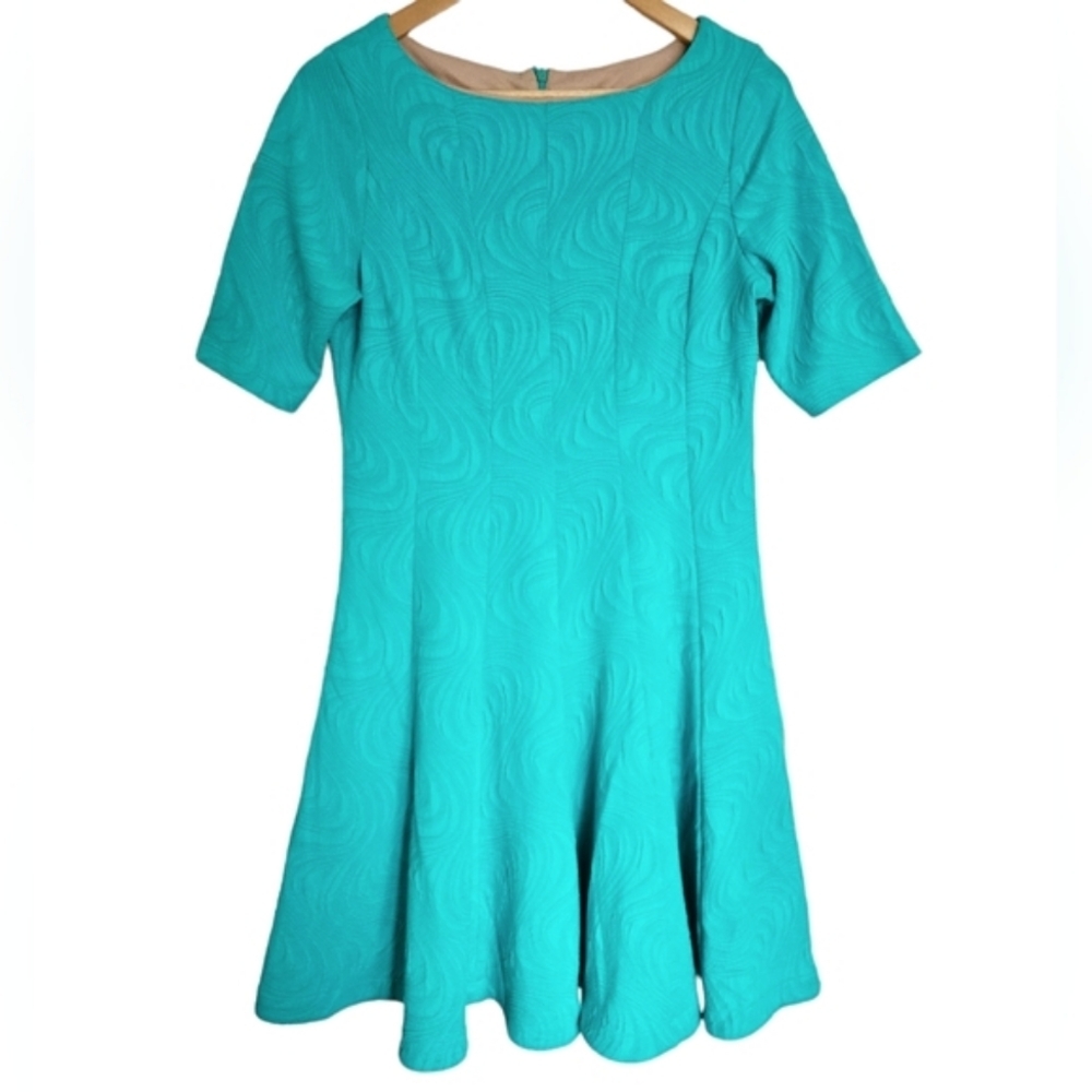Julian Taylor Aqua Blue Jacquard Stretch Knit Short Sleeve Fit & Flare Dress‎